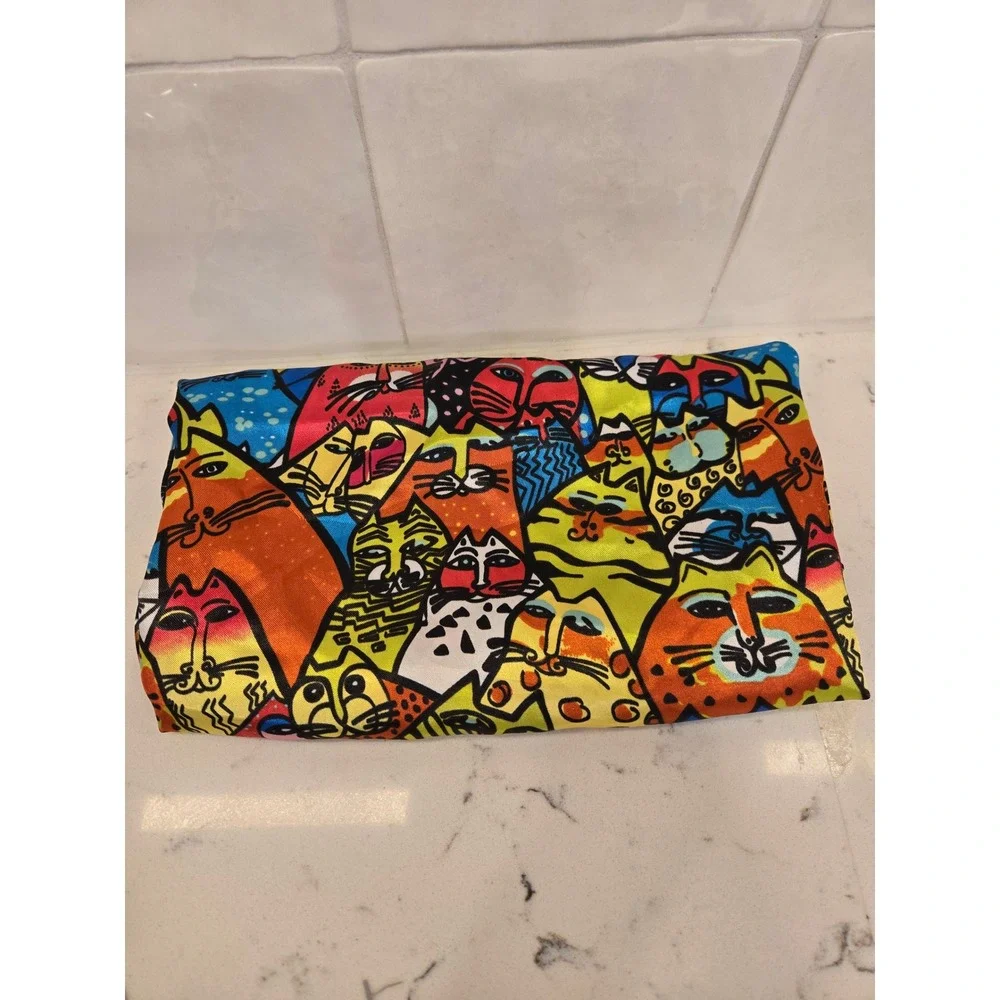 Colorful Maximalist Cat Print Satin Square Scarf Multi Geometric Border 35x35